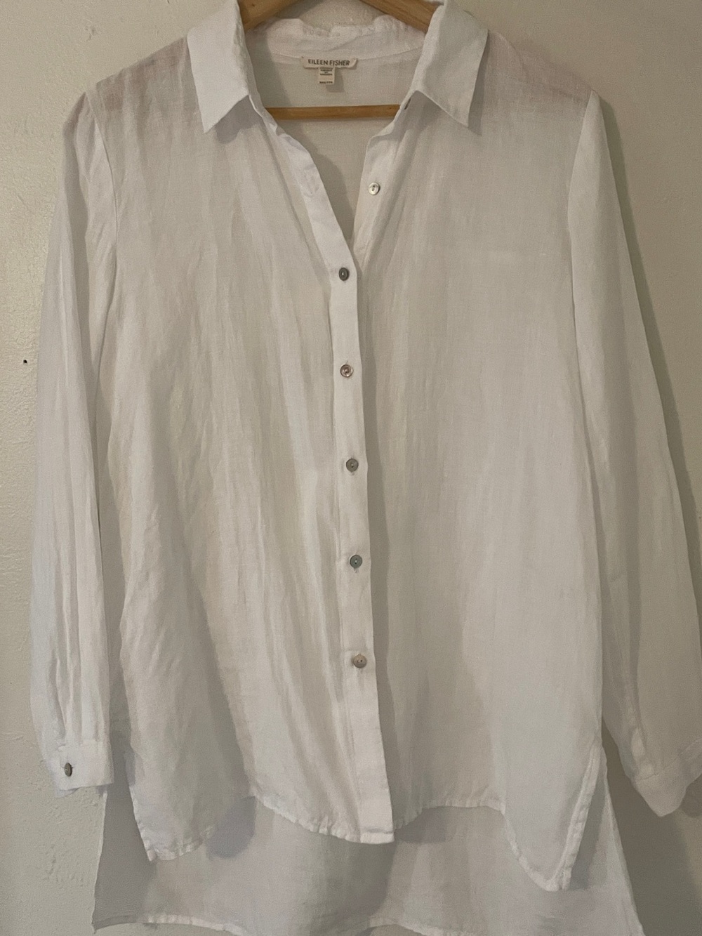 Eileen Fisher White Linen Oversized Relaxed Fit Shirt Hi Low Hem XXS